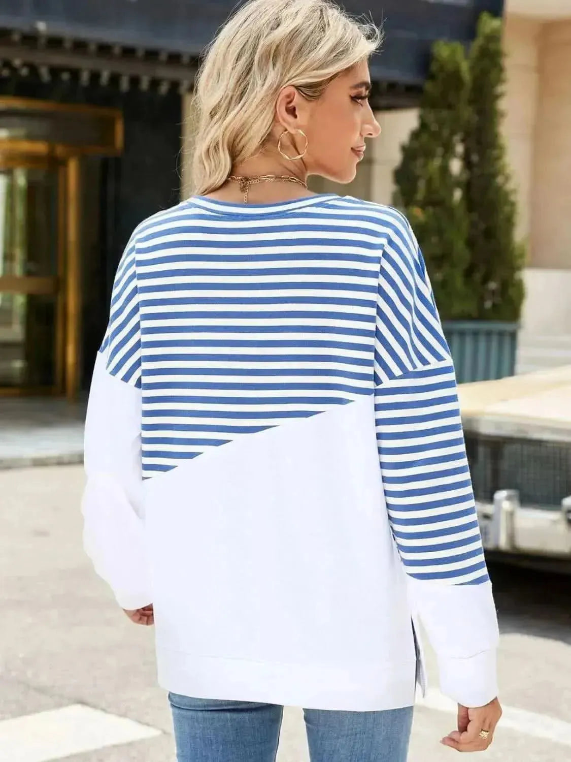 Slit Contrast Striped Long Sleeve Sweatshirt - Bad Moms Club