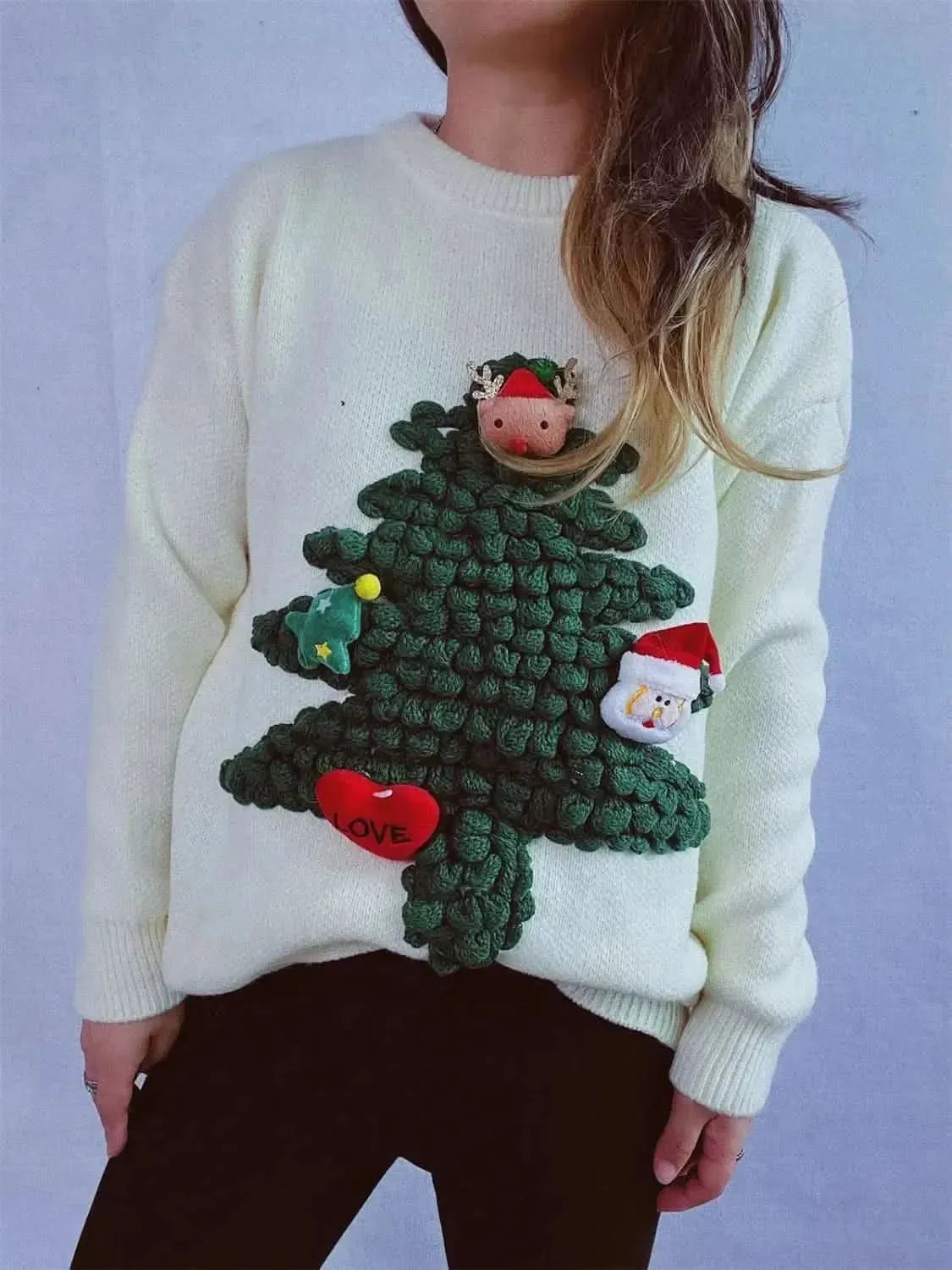 Christmas Tree Round Neck Long Sleeve Sweater - Bad Moms Club