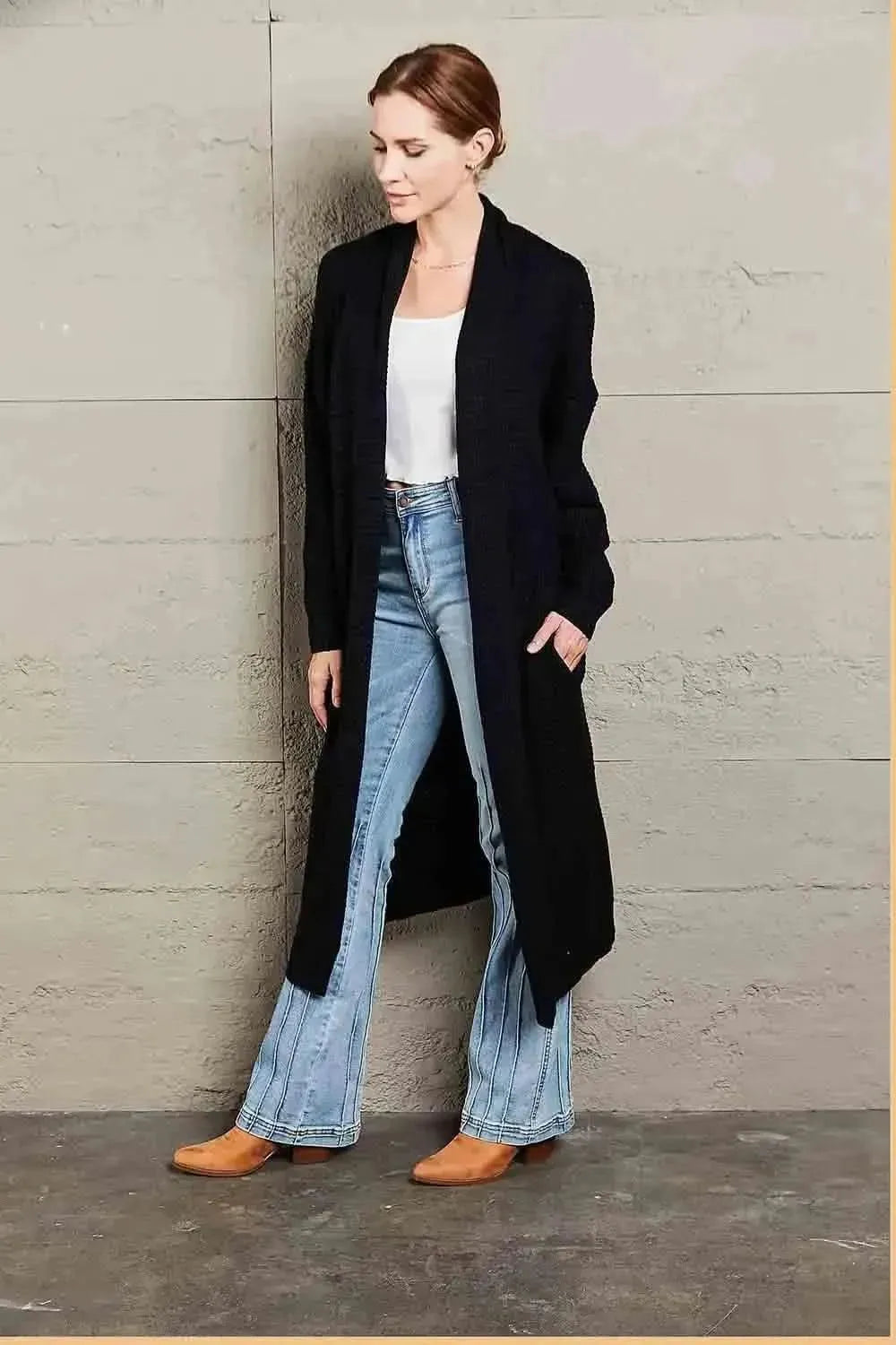 Waffle Knit Open Front Duster Cardigan With Pockets - Bad Moms Club