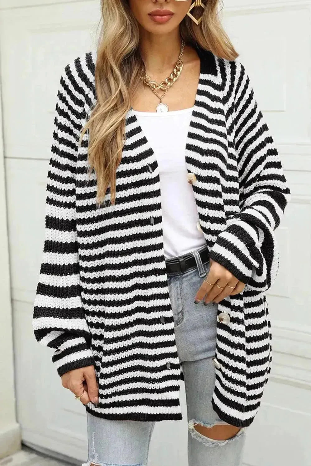 Striped Button Up Long Sleeve Cardigan - Bad Moms Club