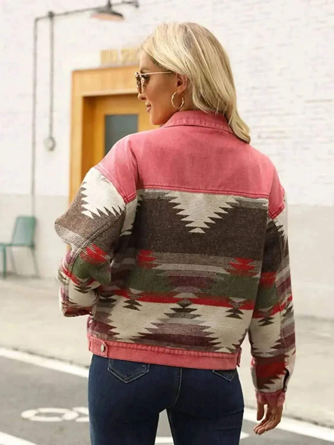Printed Dropped Shoulder Long Sleeve Denim Jacket - Bad Moms Club