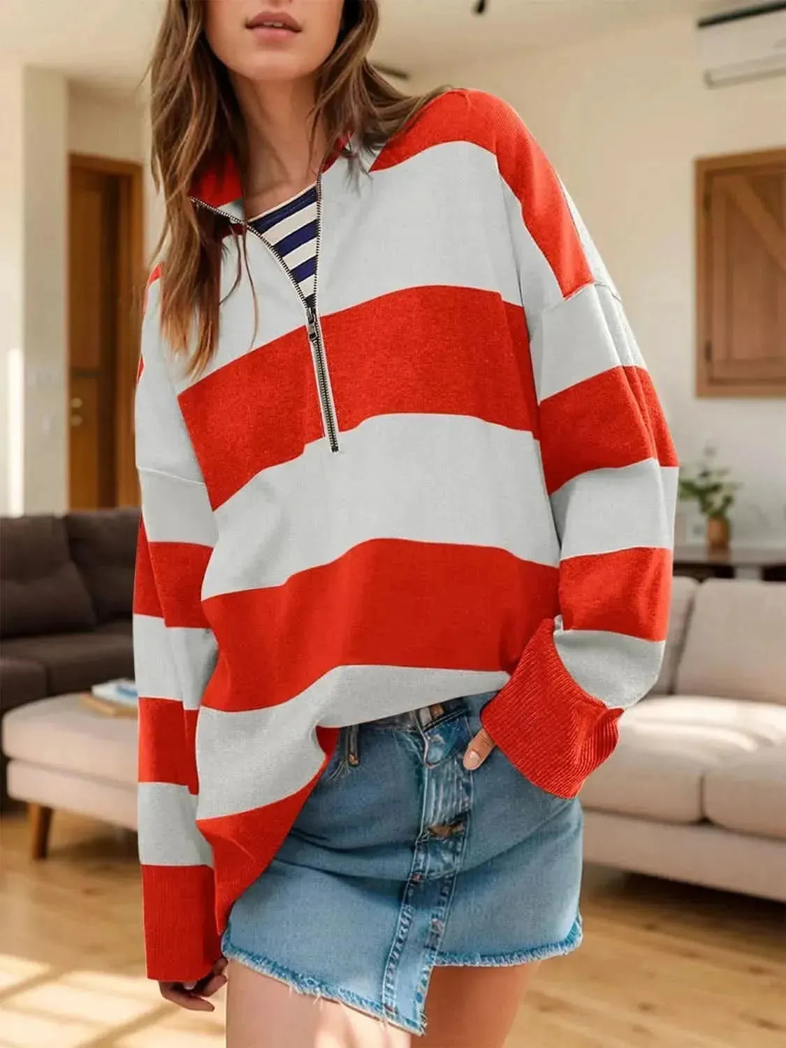 Color Block Half Zip Long Sleeve Sweater - Bad Moms Club