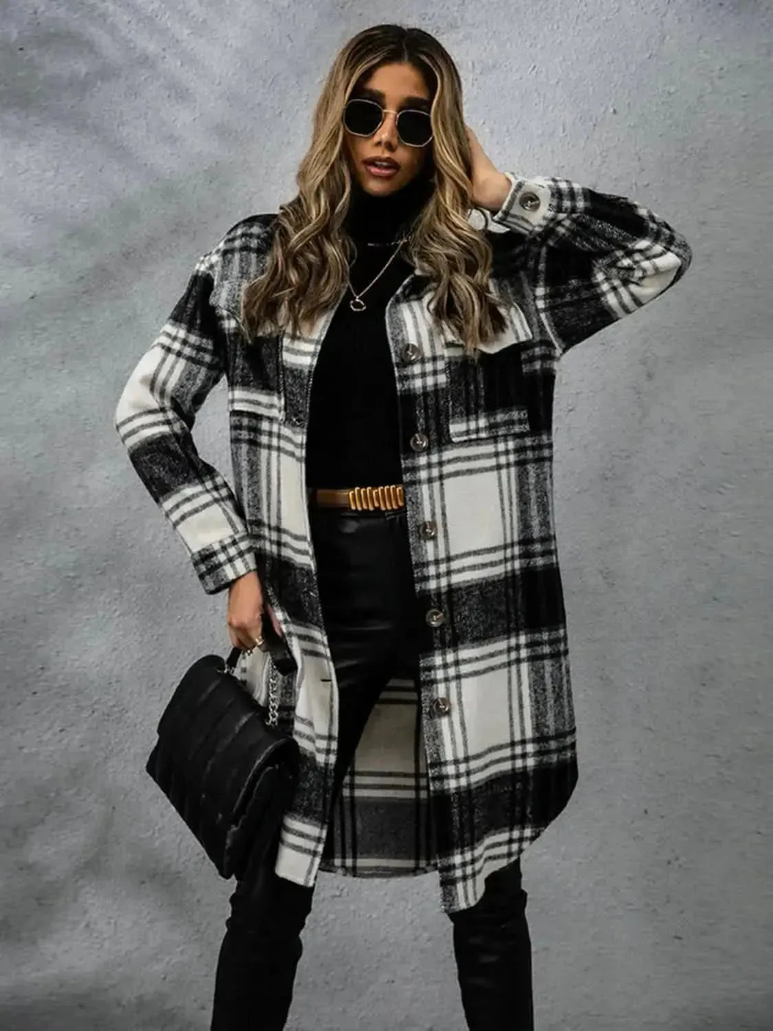 Plaid Collared Neck Long Sleeve Coat - Bad Moms Club