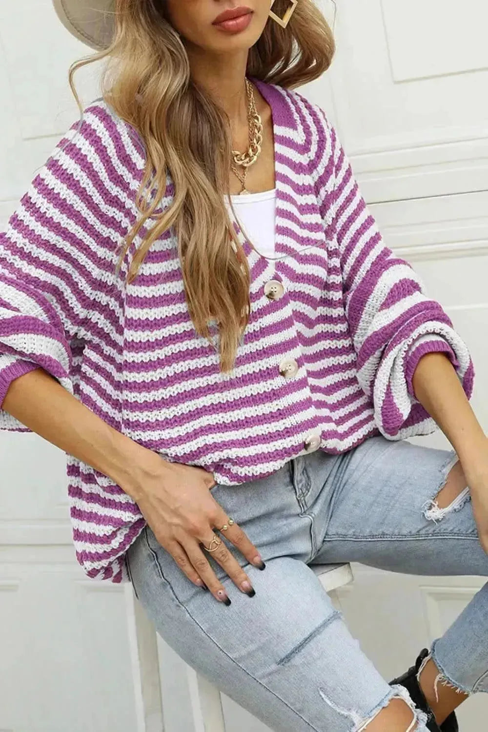 Striped Button Up Long Sleeve Cardigan - Bad Moms Club