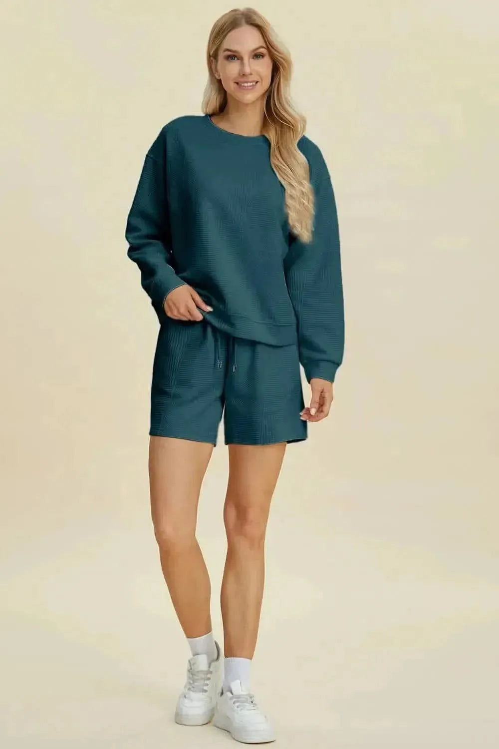 Double Take Full Size Texture Round Neck Long Sleeve Top and Shorts Set - Bad Moms Club