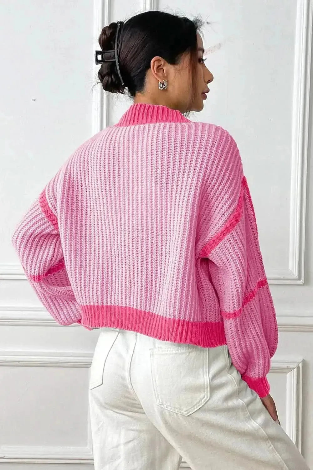 Contrast Open Front Long Sleeve Cardigan - Bad Moms Club