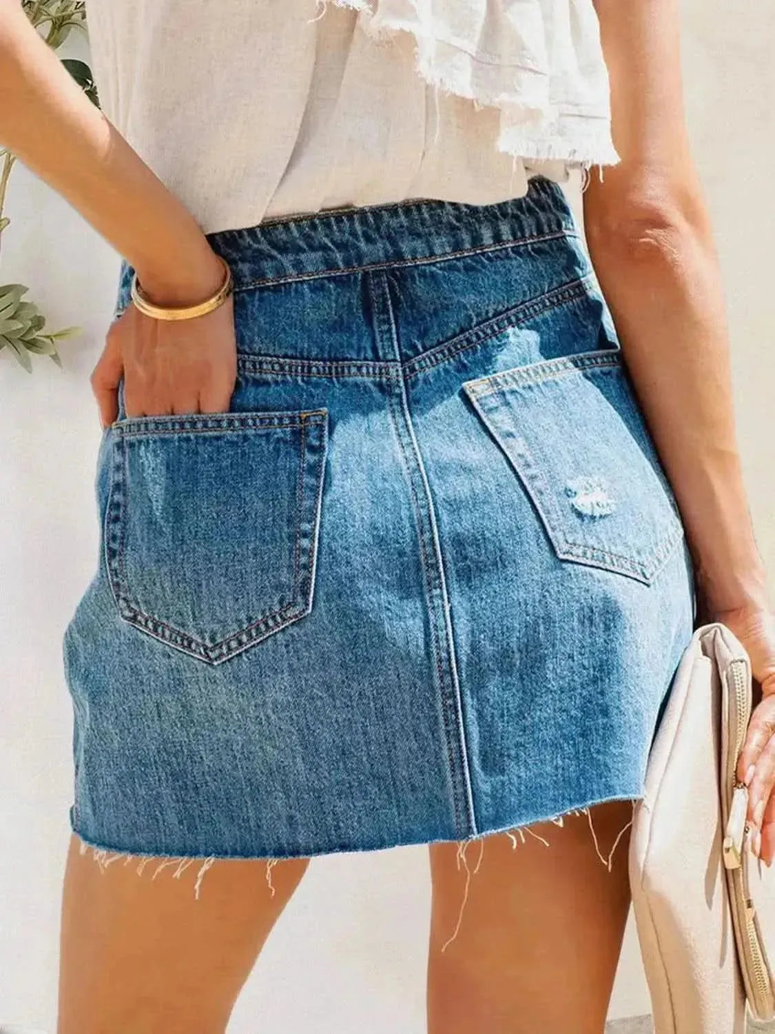 Button-Fly Distressed Raw Hem Denim Skirt - Bad Moms Club