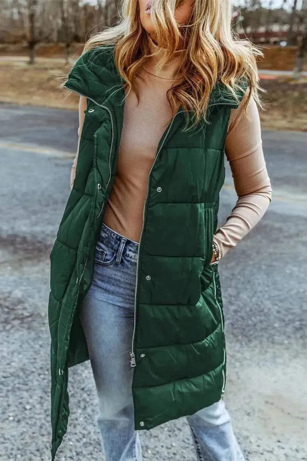 Longline Hooded Sleeveless Puffer Vest - Bad Moms Club