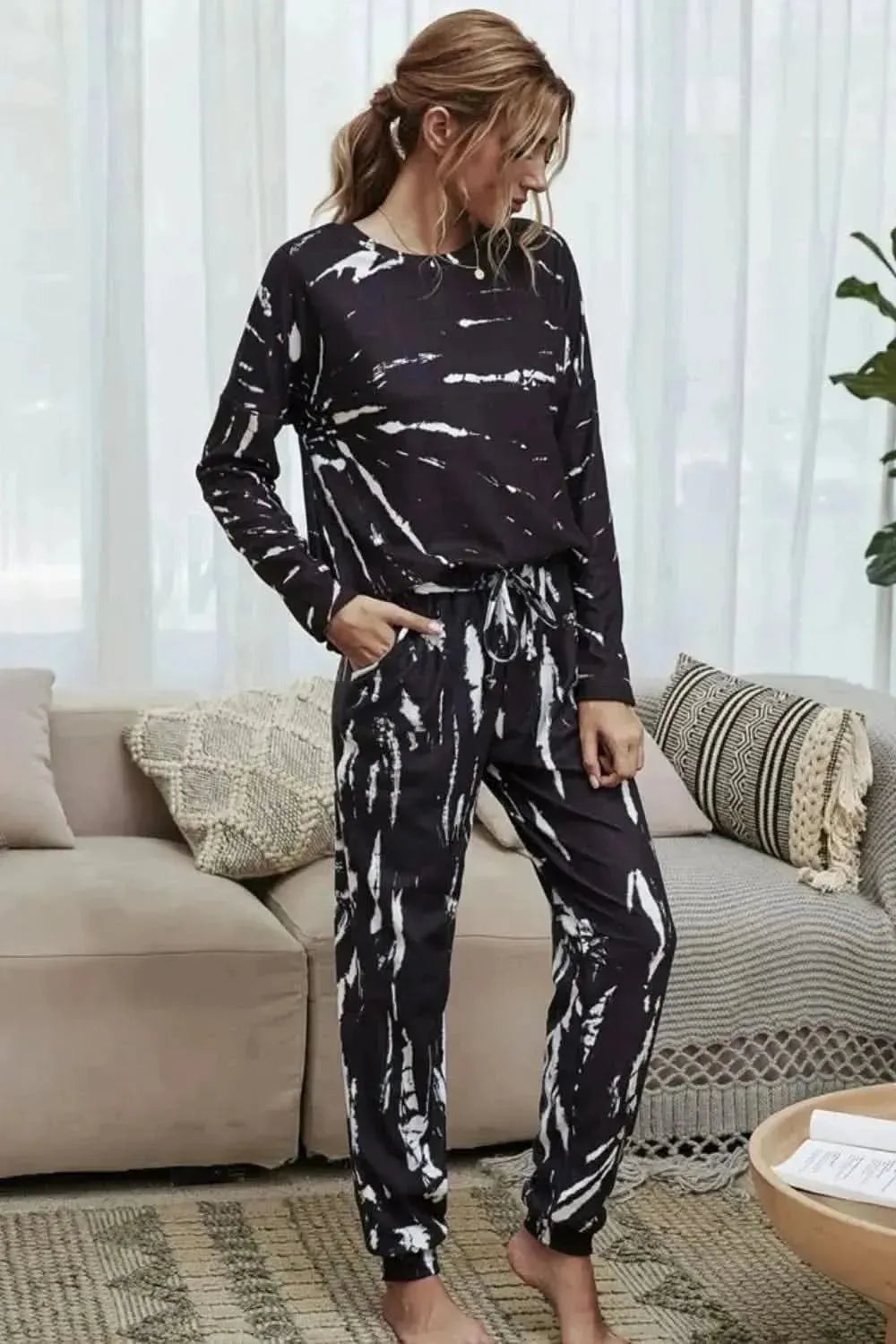 Shiny Tie-Dye Round Neck Top and Drawstring Waist Joggers Lounge Set - Bad Moms Club