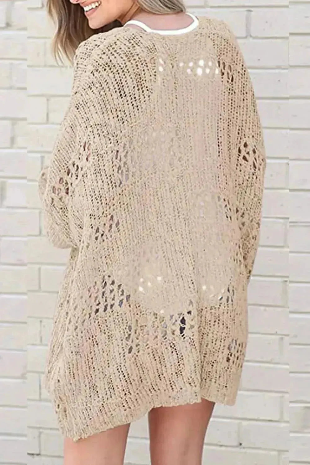 Openwork Open Front Long Sleeve Cardigan - Bad Moms Club