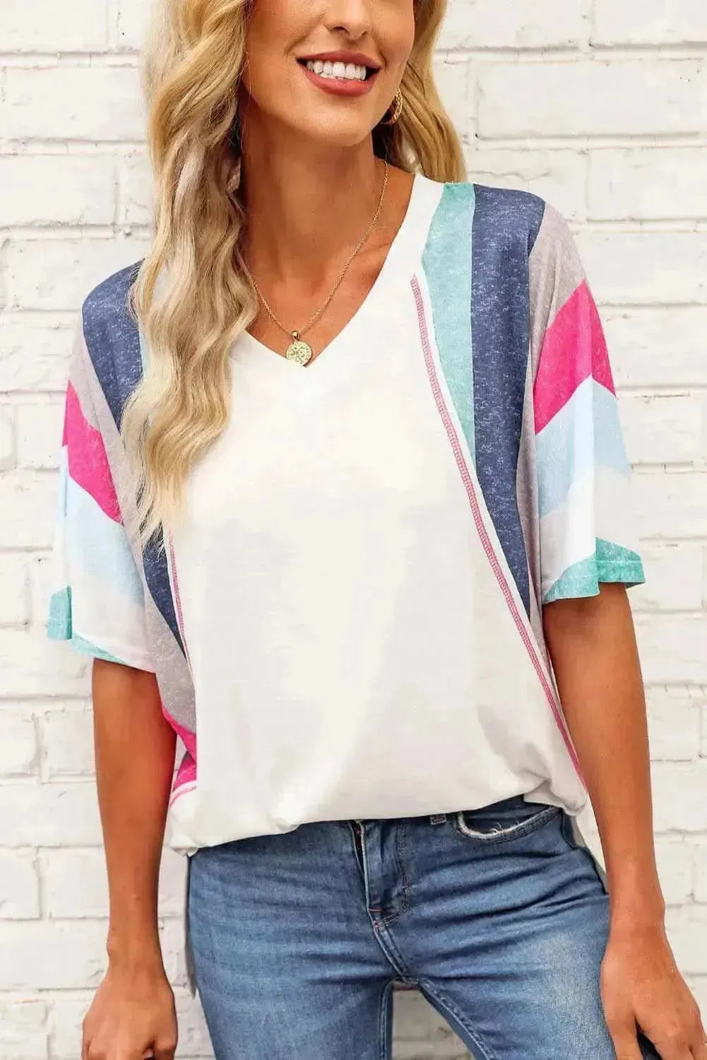 Rainbow Stripe Slit V-Neck T-Shirt - Bad Moms Club
