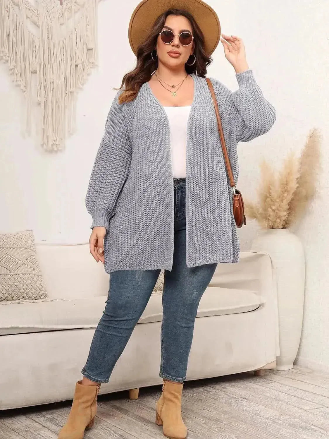 Plus Size Open Front Dropped Shoulder Knit Cardigan - Bad Moms Club