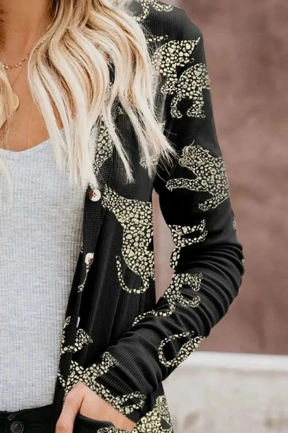 Animal Pattern Ribbed Button Up Long Sleeve Cardigan - Bad Moms Club