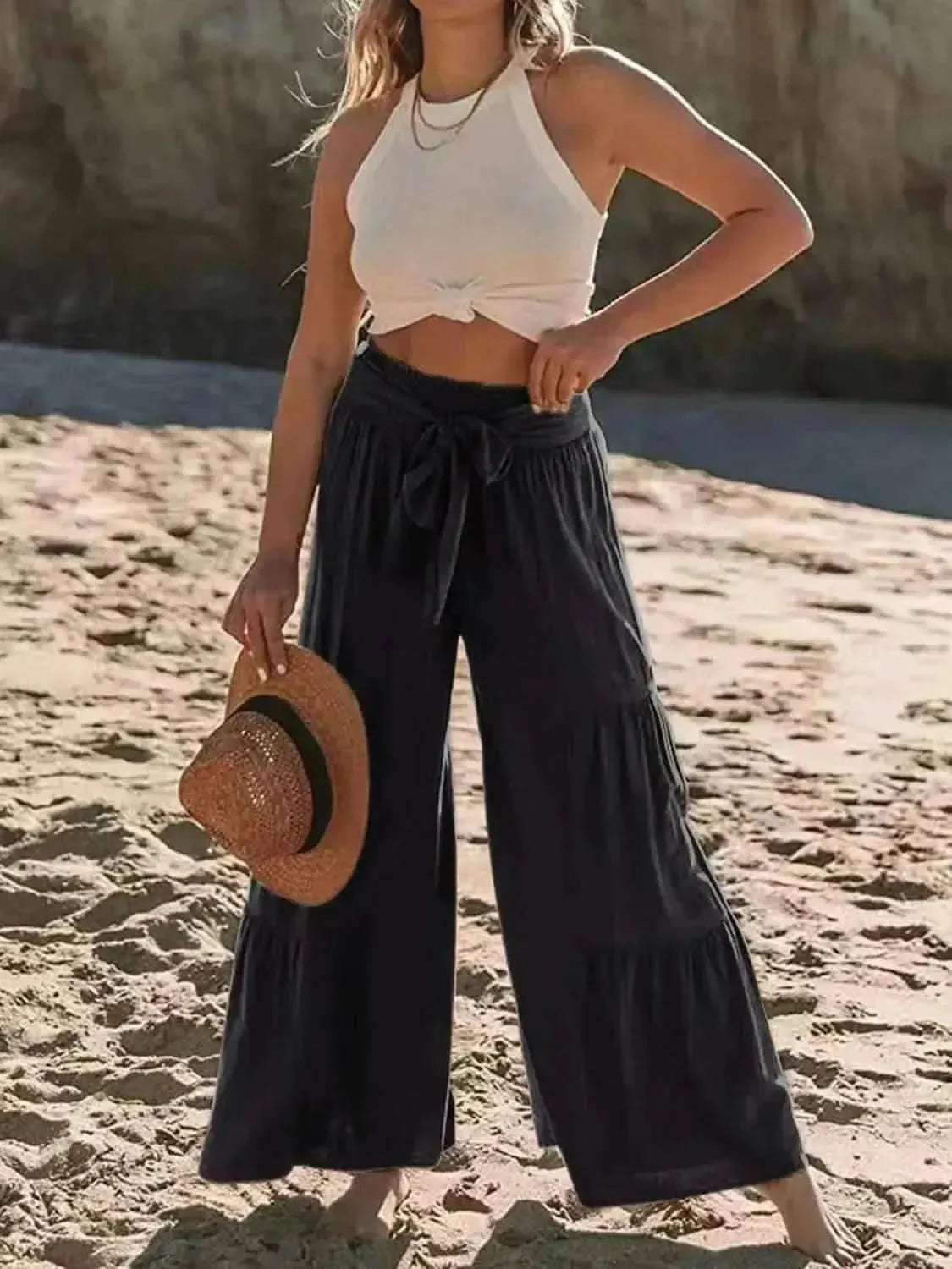 Tied Ruched Wide Leg Pants - Bad Moms Club