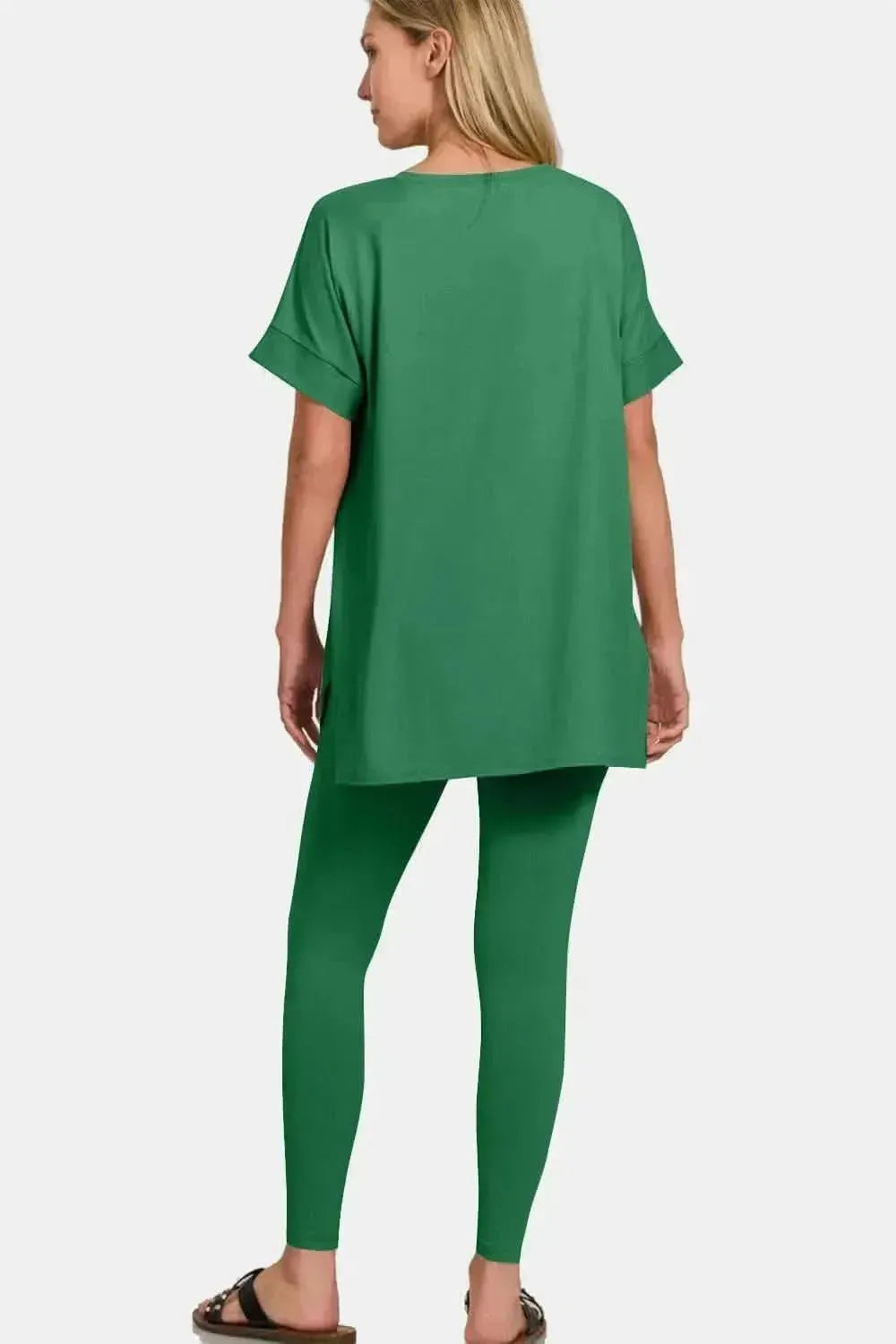 Zenana Full Size V-Neck Rolled Short Sleeve T-Shirt and Leggings Lounge Set - Bad Moms Club