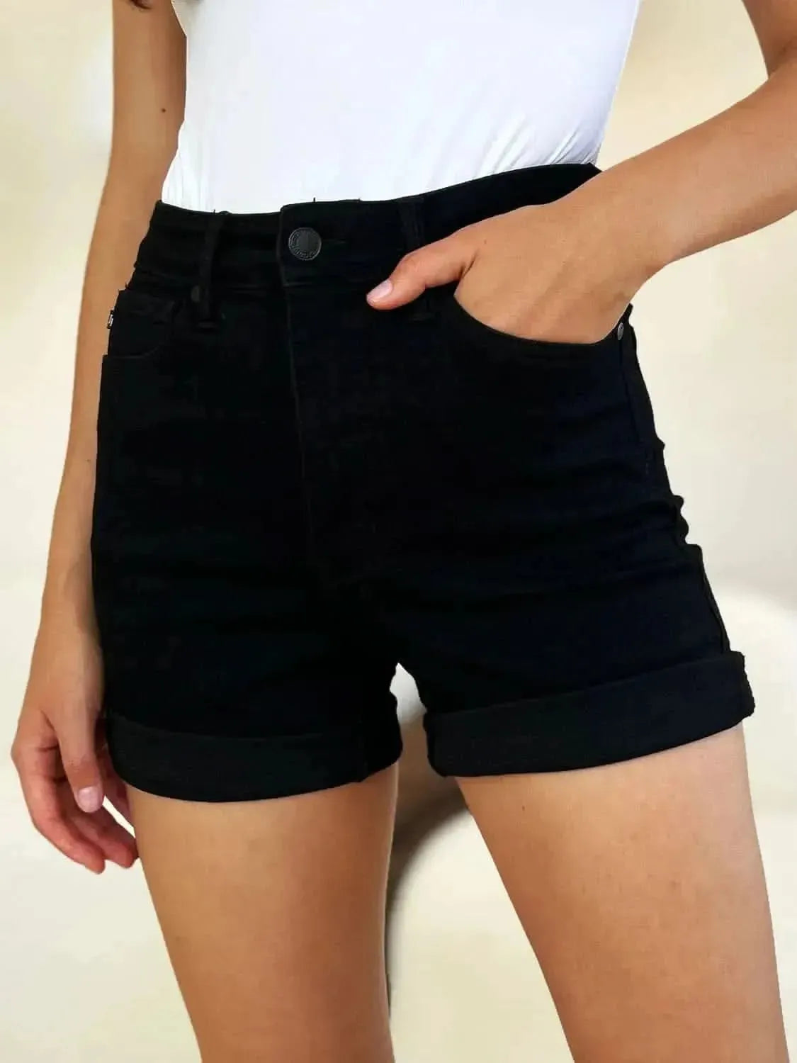 Judy Blue Full Size High Waist Tummy Control Cuffed Denim Shorts - Bad Moms Club