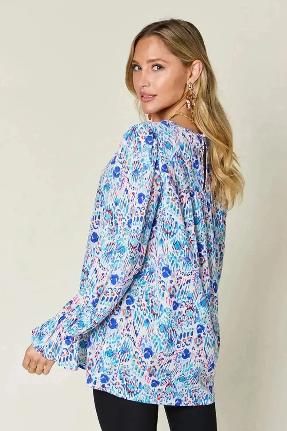 Double Take Full Size Printed Flounce Sleeve Blouse - Bad Moms Club