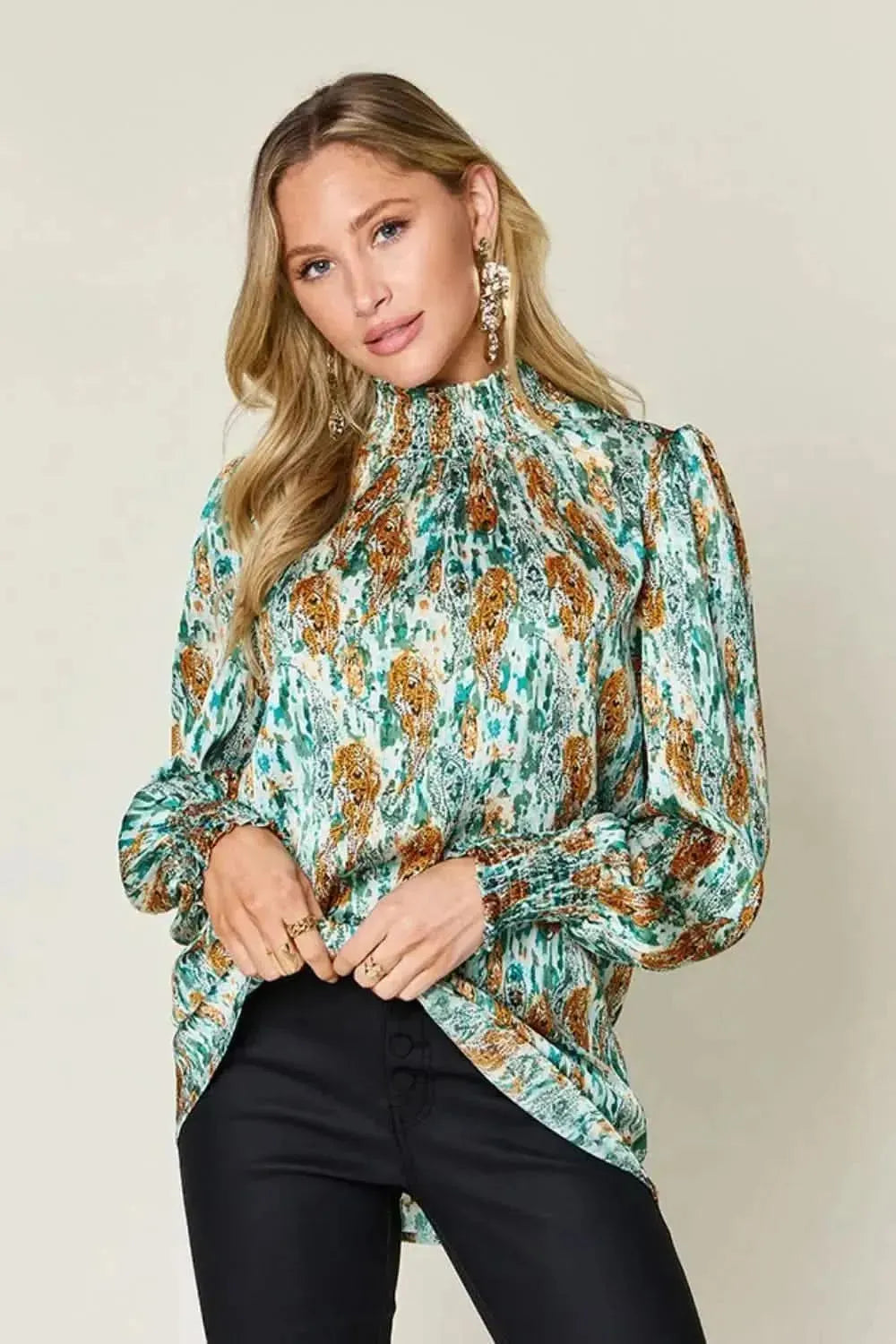 Double Take Full Size Printed Smocked Long Sleeve Blouse - Bad Moms Club