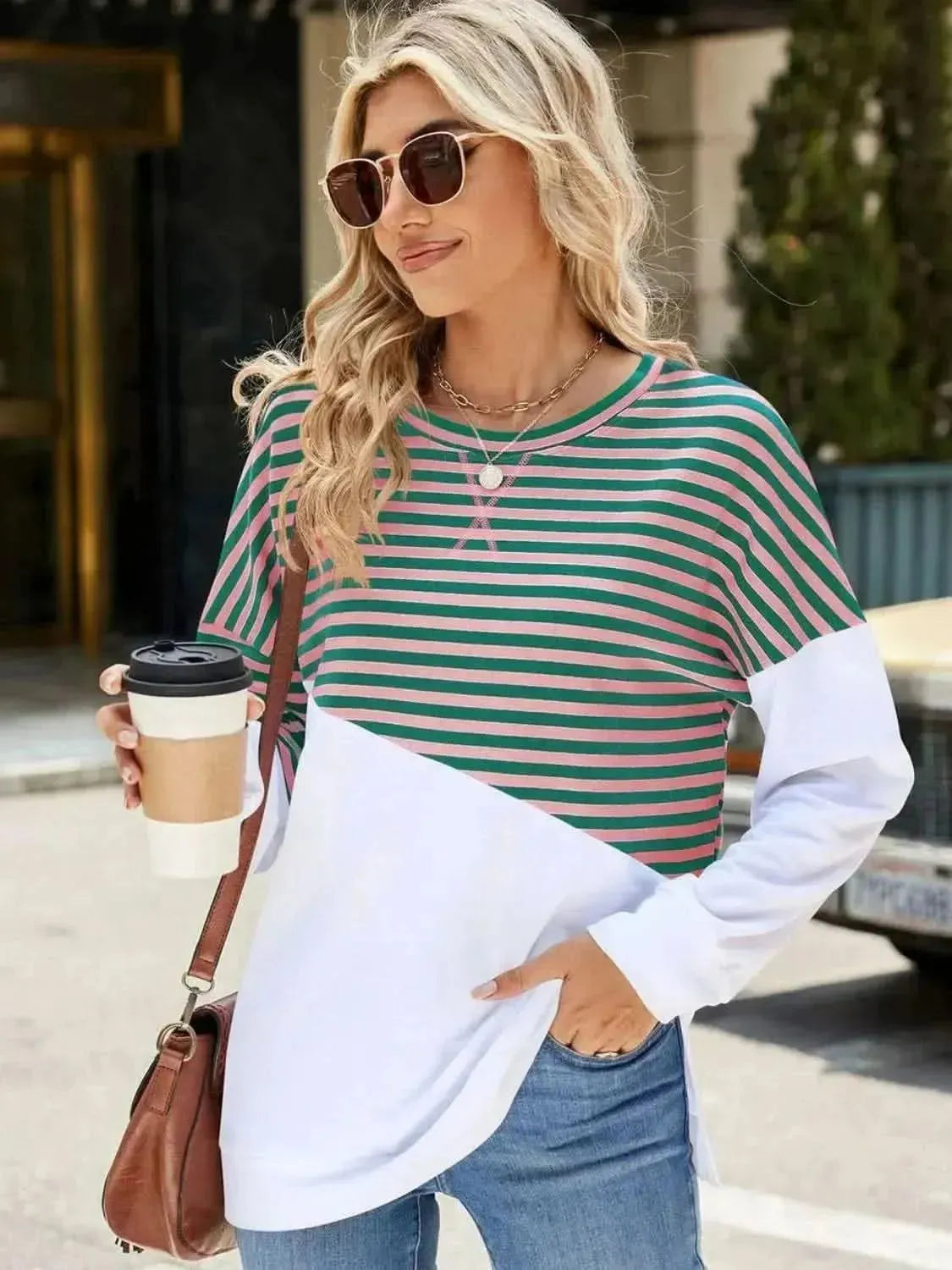 Slit Contrast Striped Long Sleeve Sweatshirt - Bad Moms Club