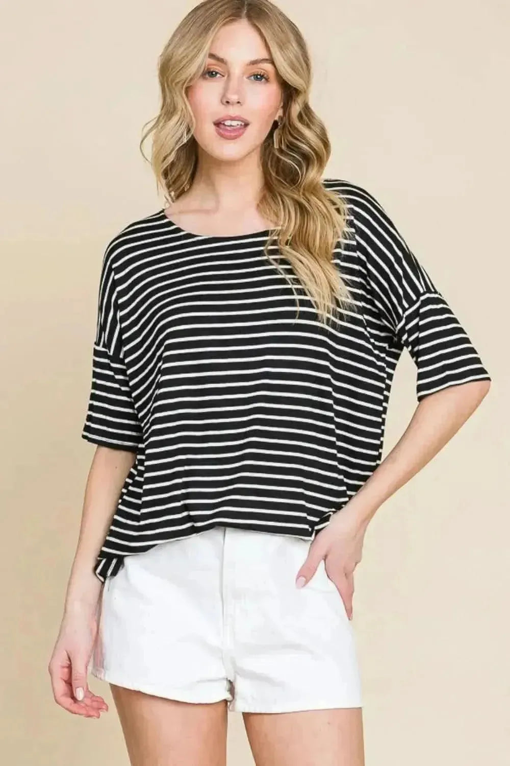 BOMBOM Striped Round Neck T-Shirt - Bad Moms Club