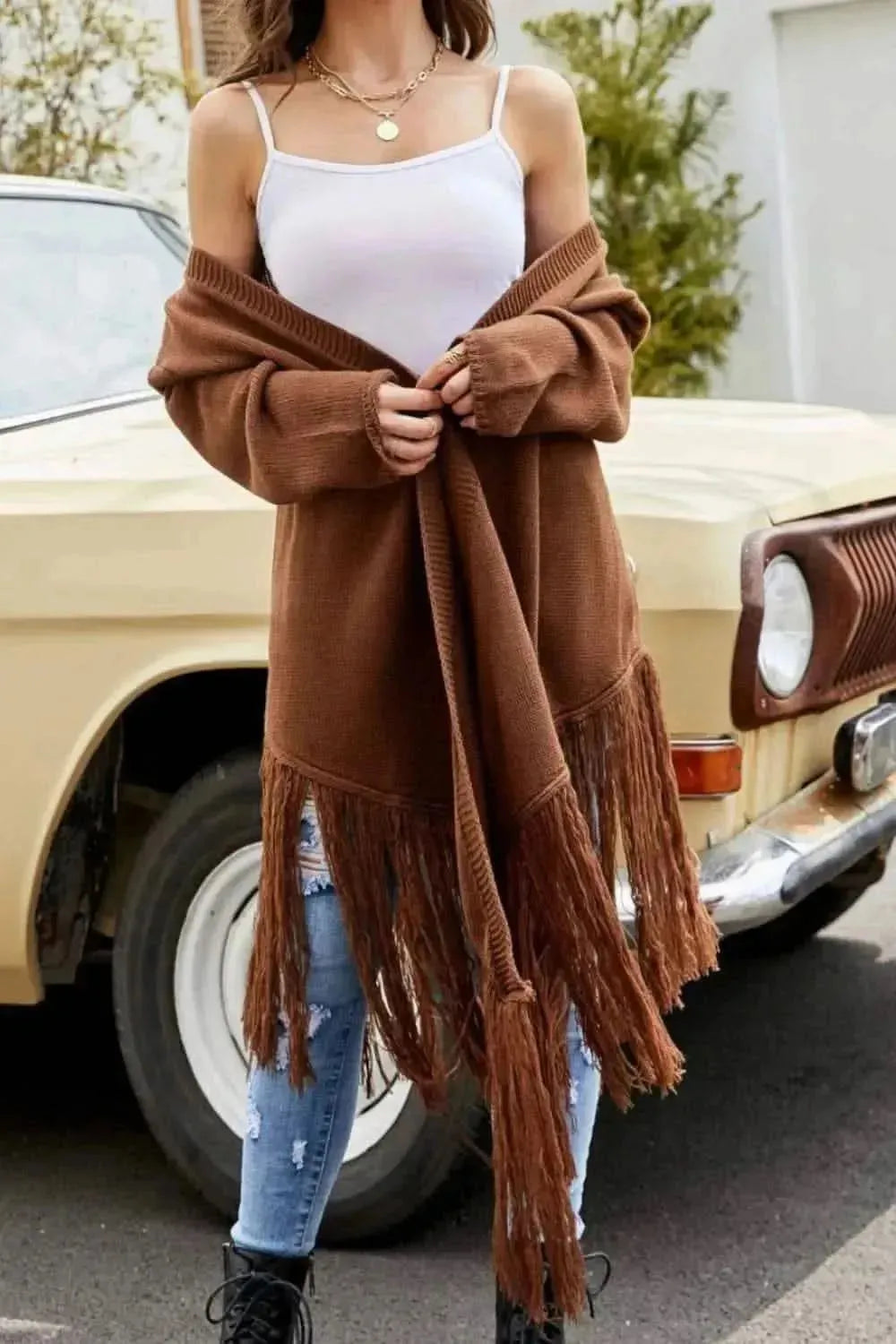 Fringe Hem Open Front Ribbed Trim Cardigan - Bad Moms Club