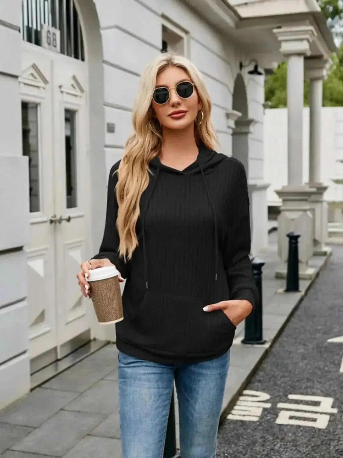 Ribbed Drawstring Long Sleeve Hoodie - Bad Moms Club