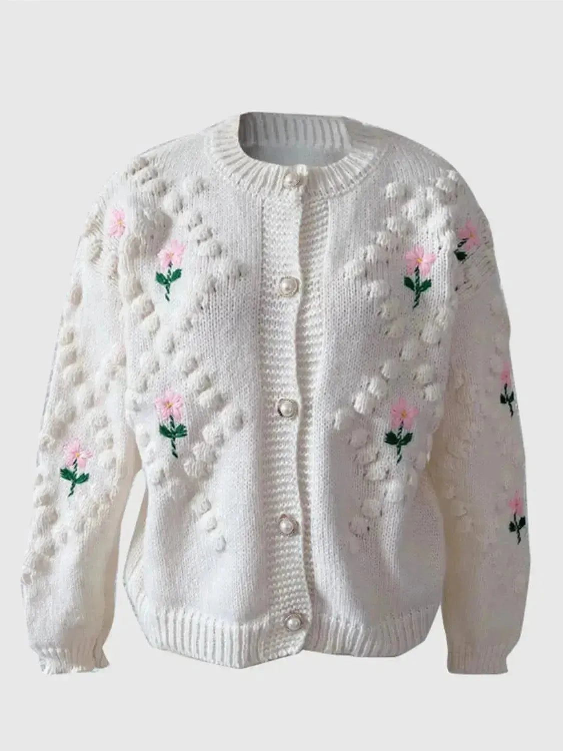 Floral Button Up Round Neck Long Sleeve Cardigan - Bad Moms Club