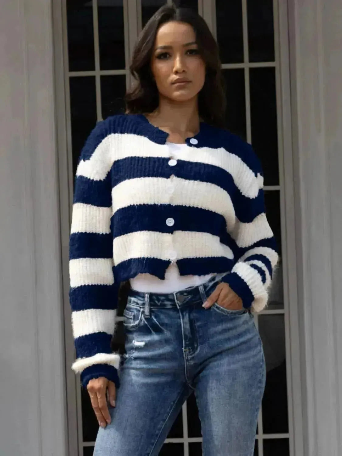 Striped Button Up Dropped Shoulder Cardigan - Bad Moms Club