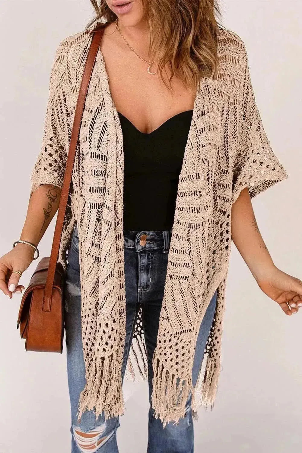 Openwork Open Front Cardigan with Fringes - Bad Moms Club