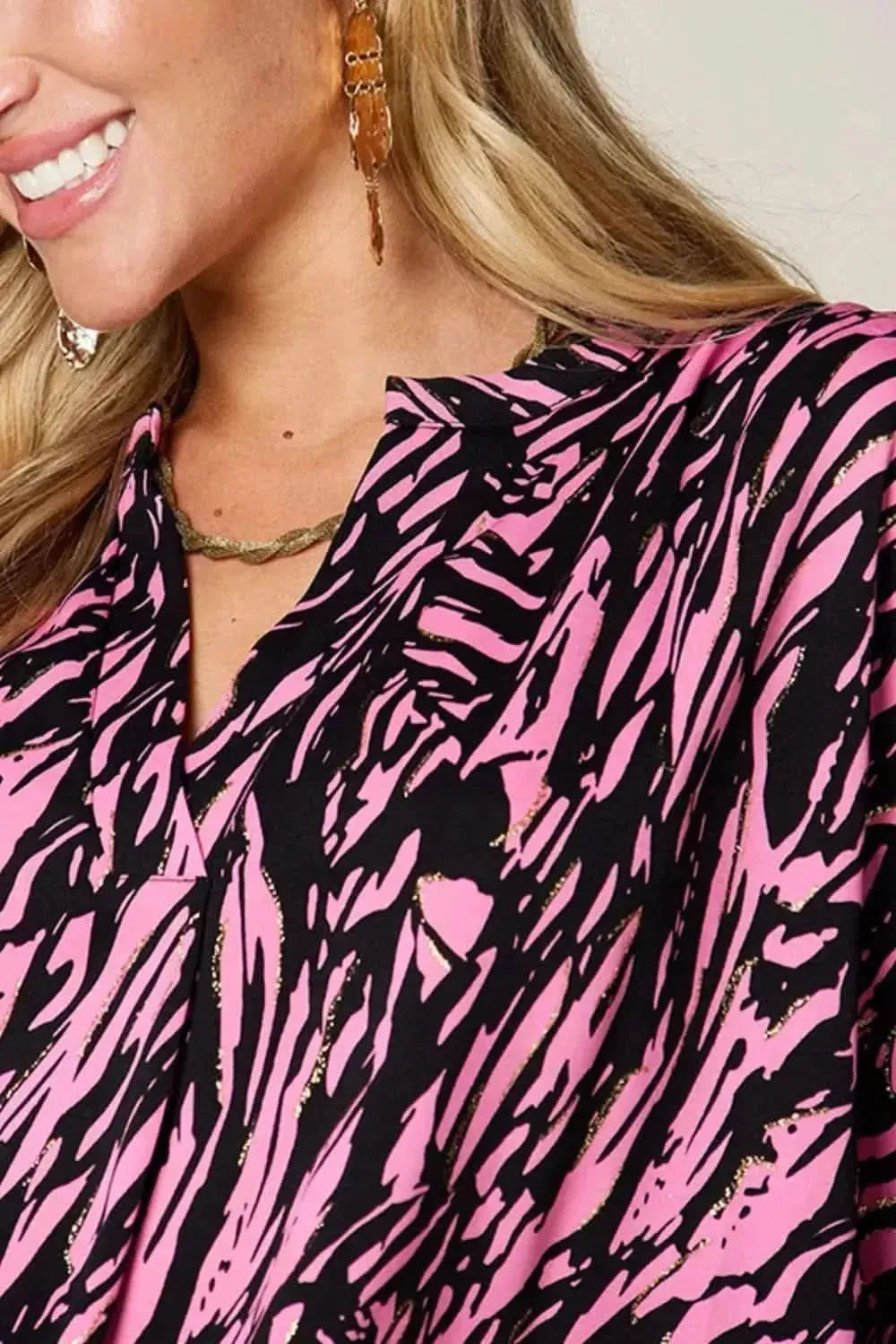 Double Take Full Size Printed Notched Three-Quarter Sleeve Blouse - Bad Moms Club