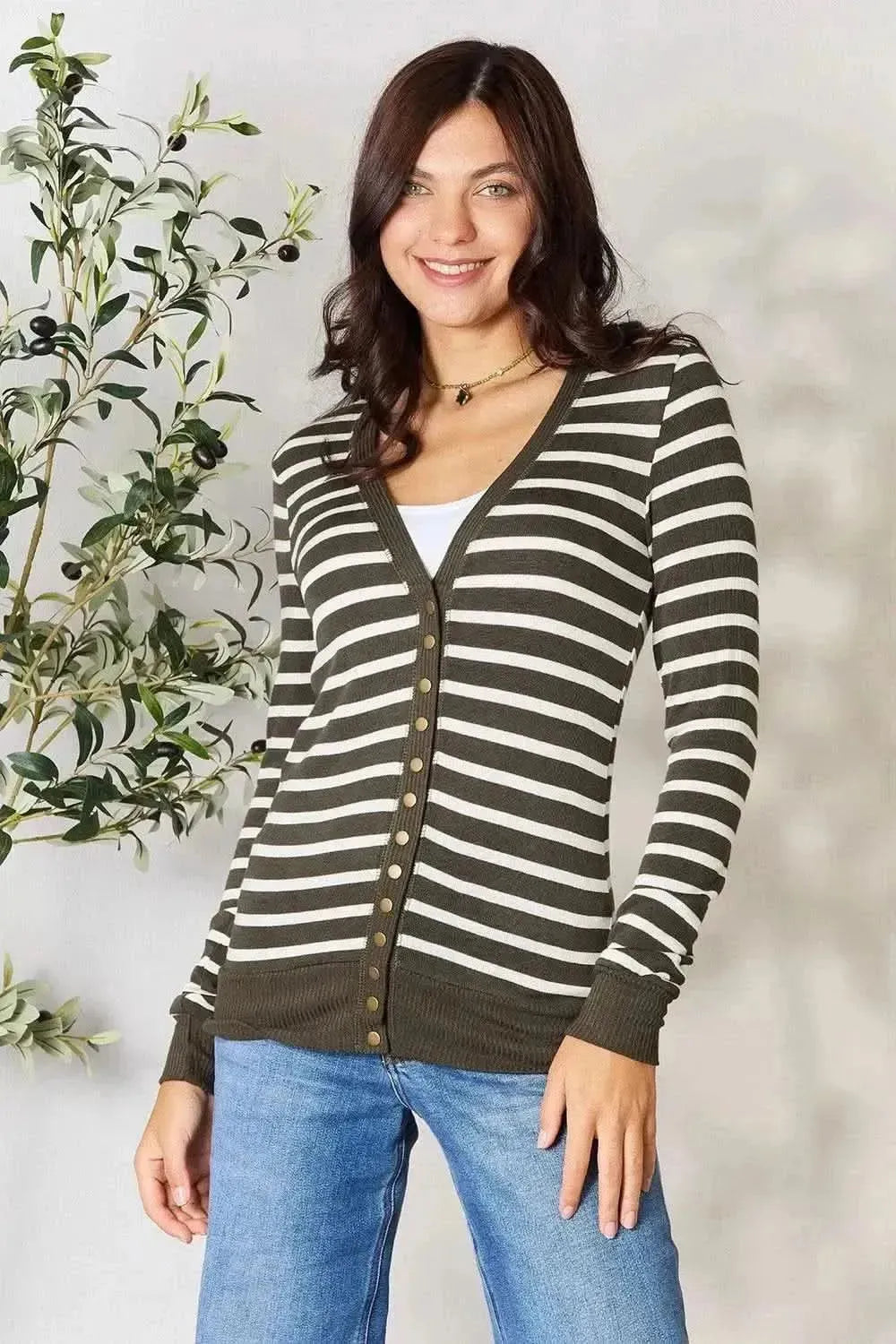 Zenana Full Size Striped Snap Down Cardigan - Bad Moms Club