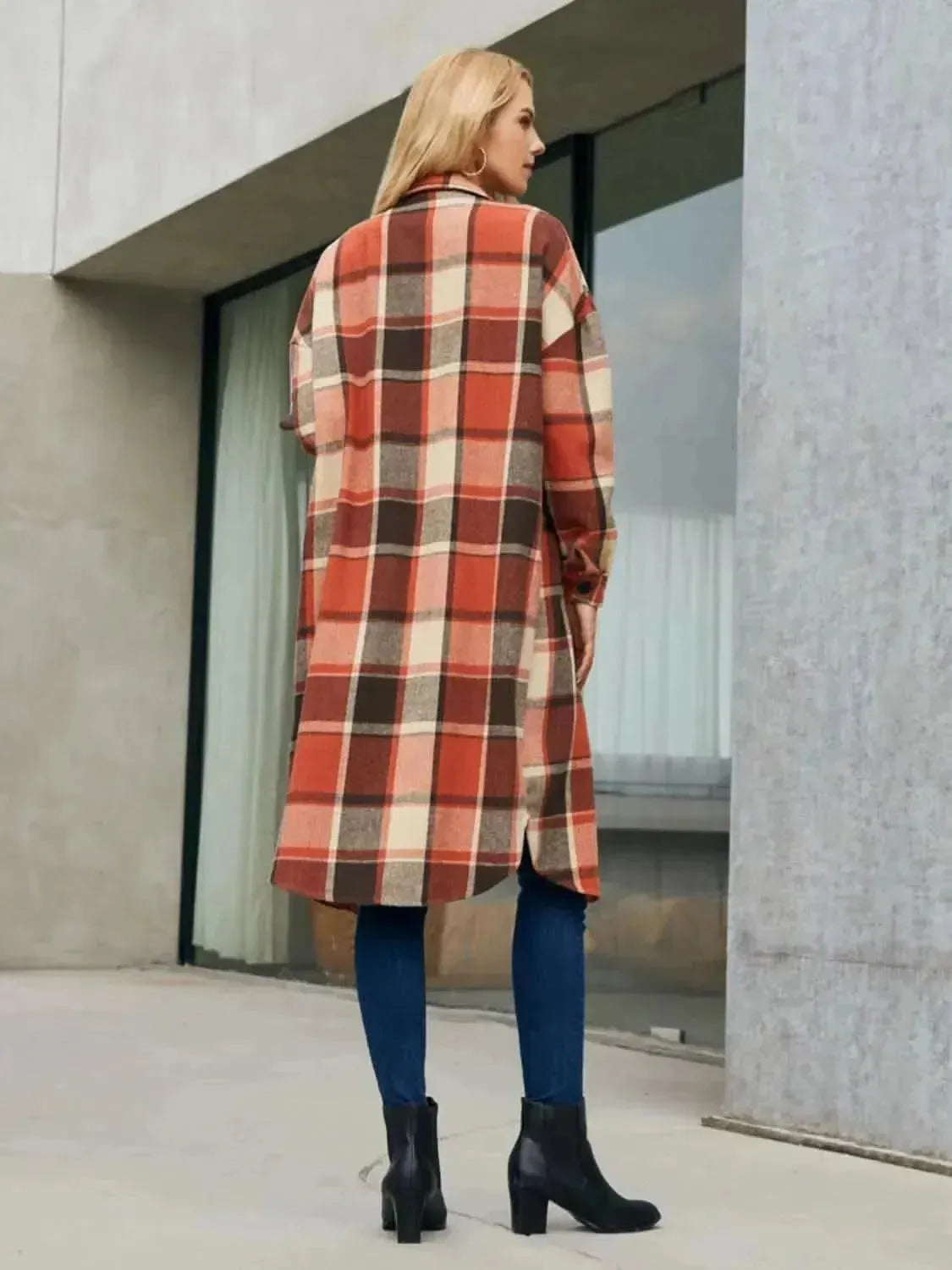 Plaid Pocketed Button Up Trench Coat - Bad Moms Club