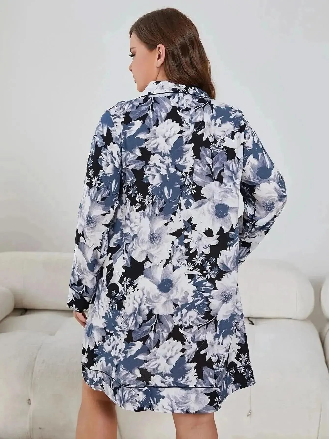 Plus Size Floral Lapel Collar Long Sleeve Night Dress - Bad Moms Club