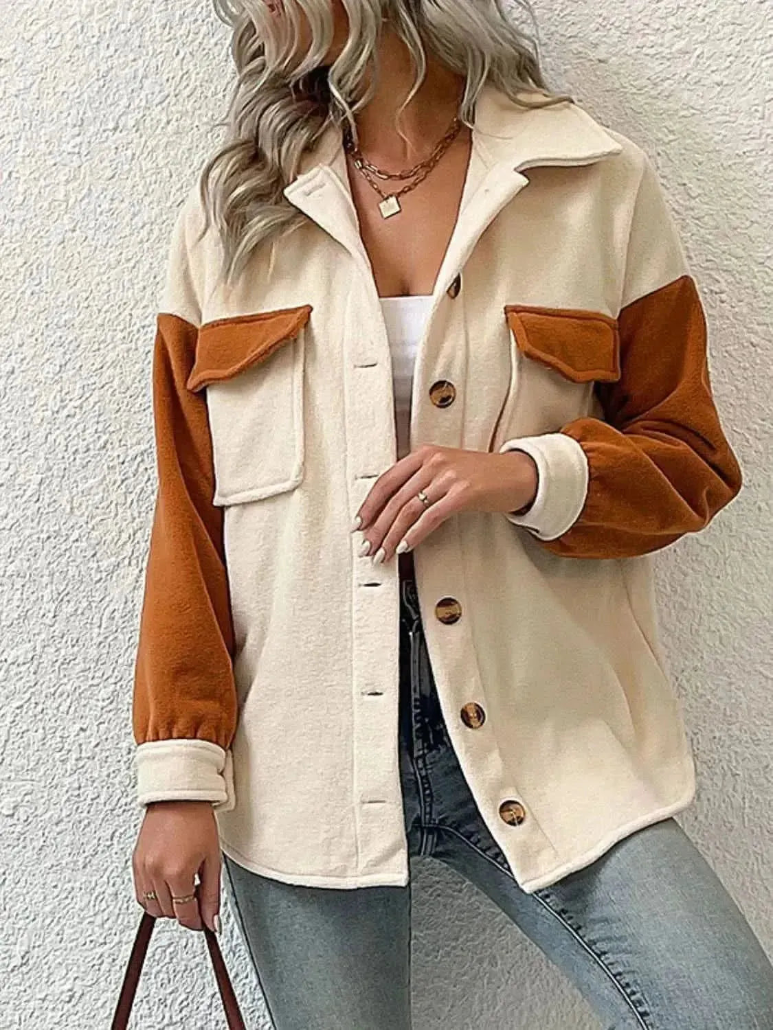 Contrast Button-Up Fleece Jacket - Bad Moms Club