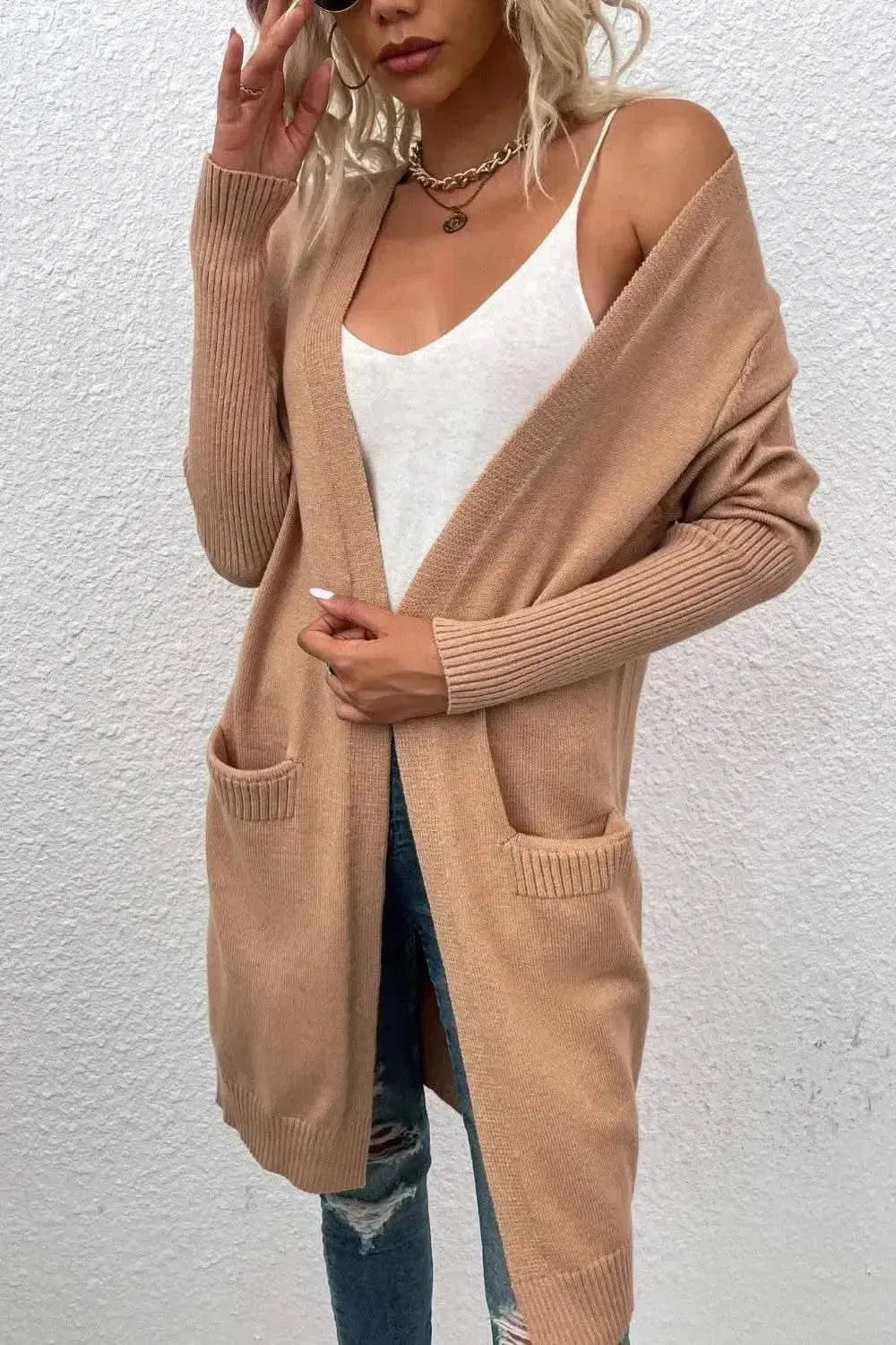 Open Front Long Sleeve Cardigan with Pockets - Bad Moms Club