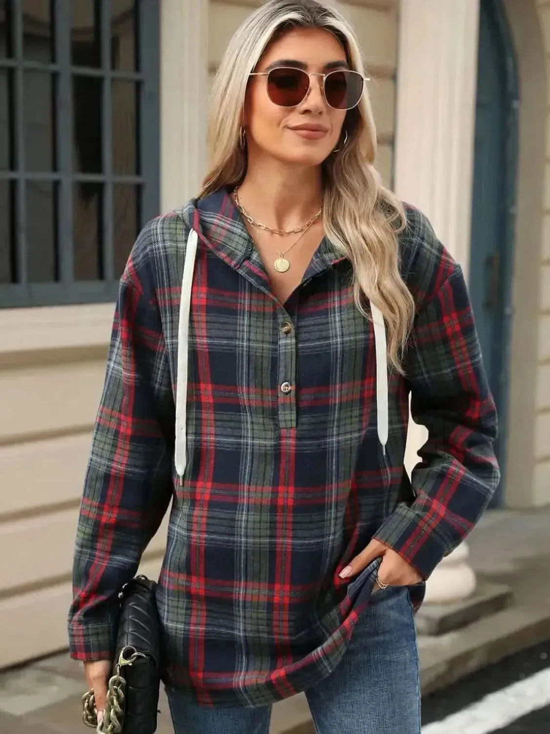 Drawstring Plaid Hooded Long Sleeve Top - Bad Moms Club