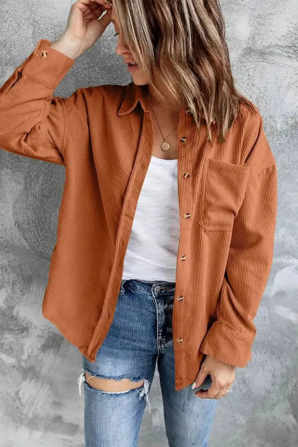 Collared Neck Button Up Dropped Shoulder Shacket - Bad Moms Club