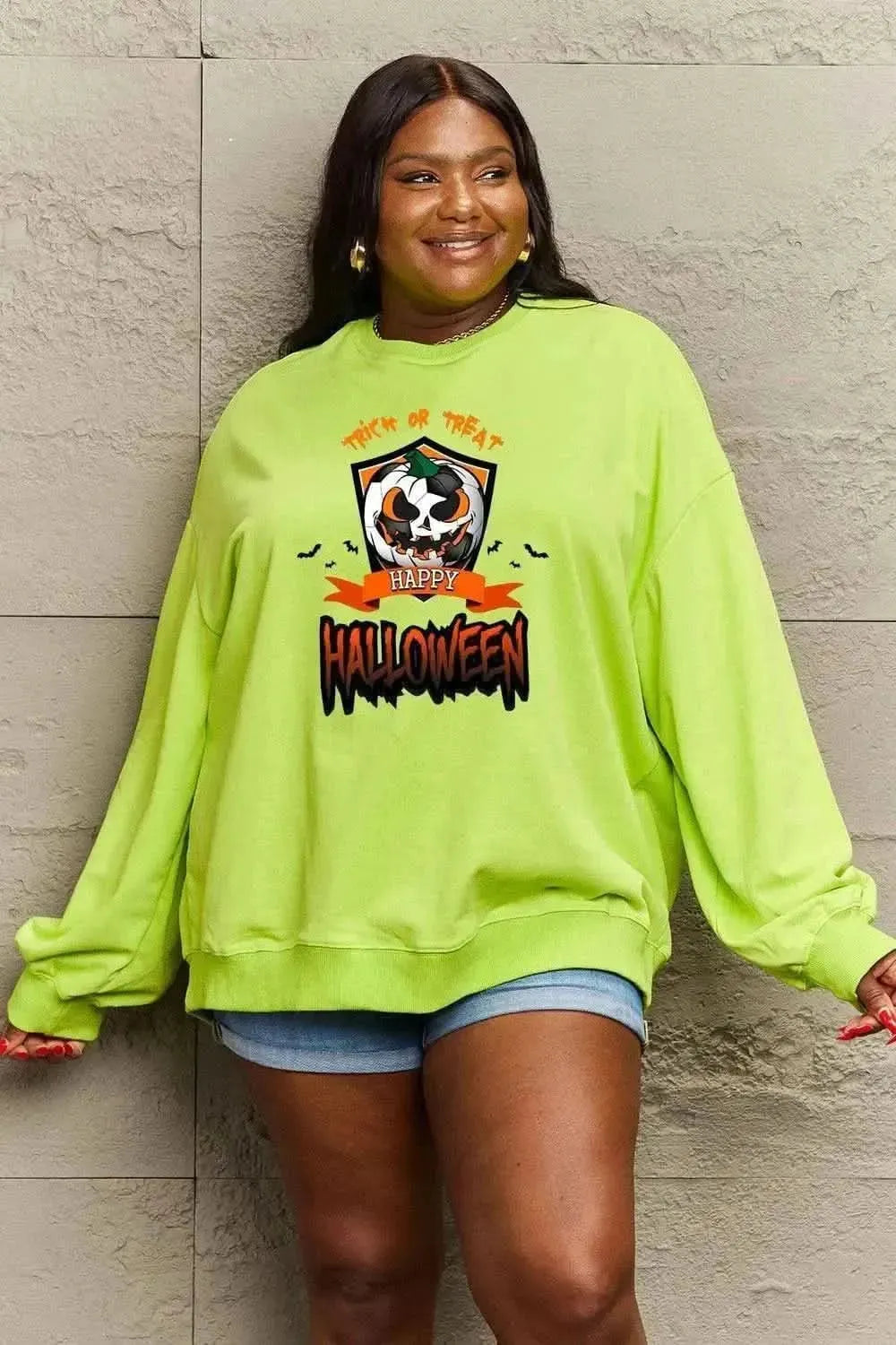 Simply Love Full Size TRICK OR TREAT HAPPY HALLOWEEN Graphic Sweatshirt - Bad Moms Club