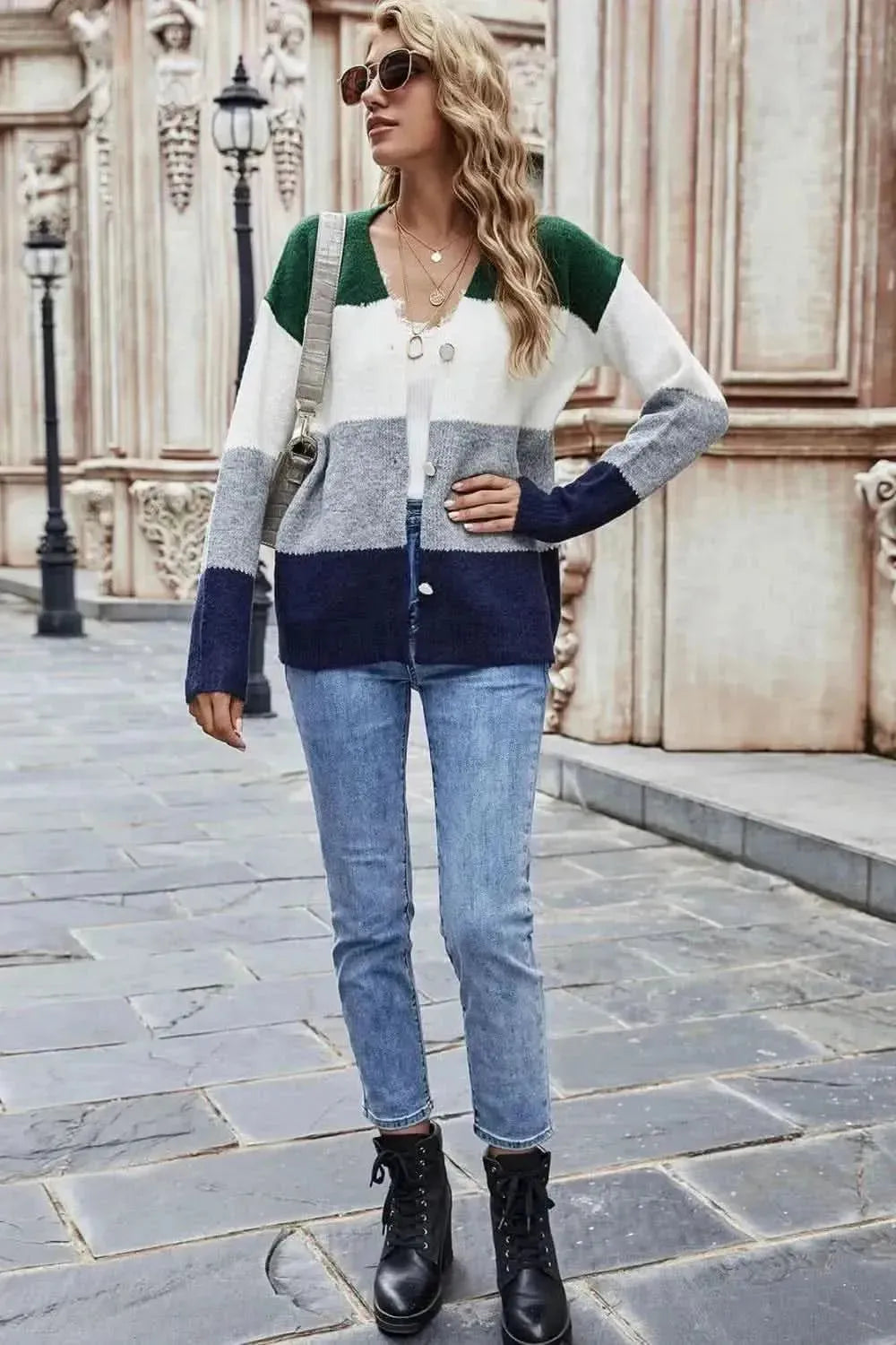 Woven Right Color Block V-Neck Button Down Cardigan - Bad Moms Club