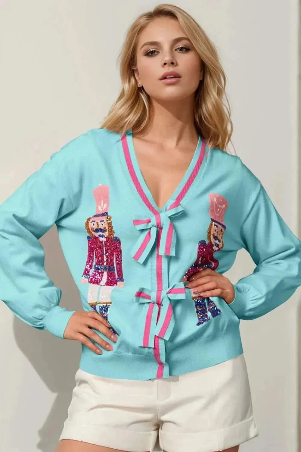 Double Take Full Size Nutcracker Sequin Bow Decor Cardigan - Bad Moms Club