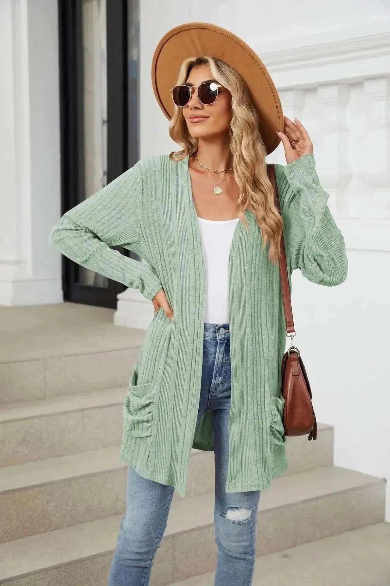 Pocketed Open Front Long Sleeve Cardigan - Bad Moms Club