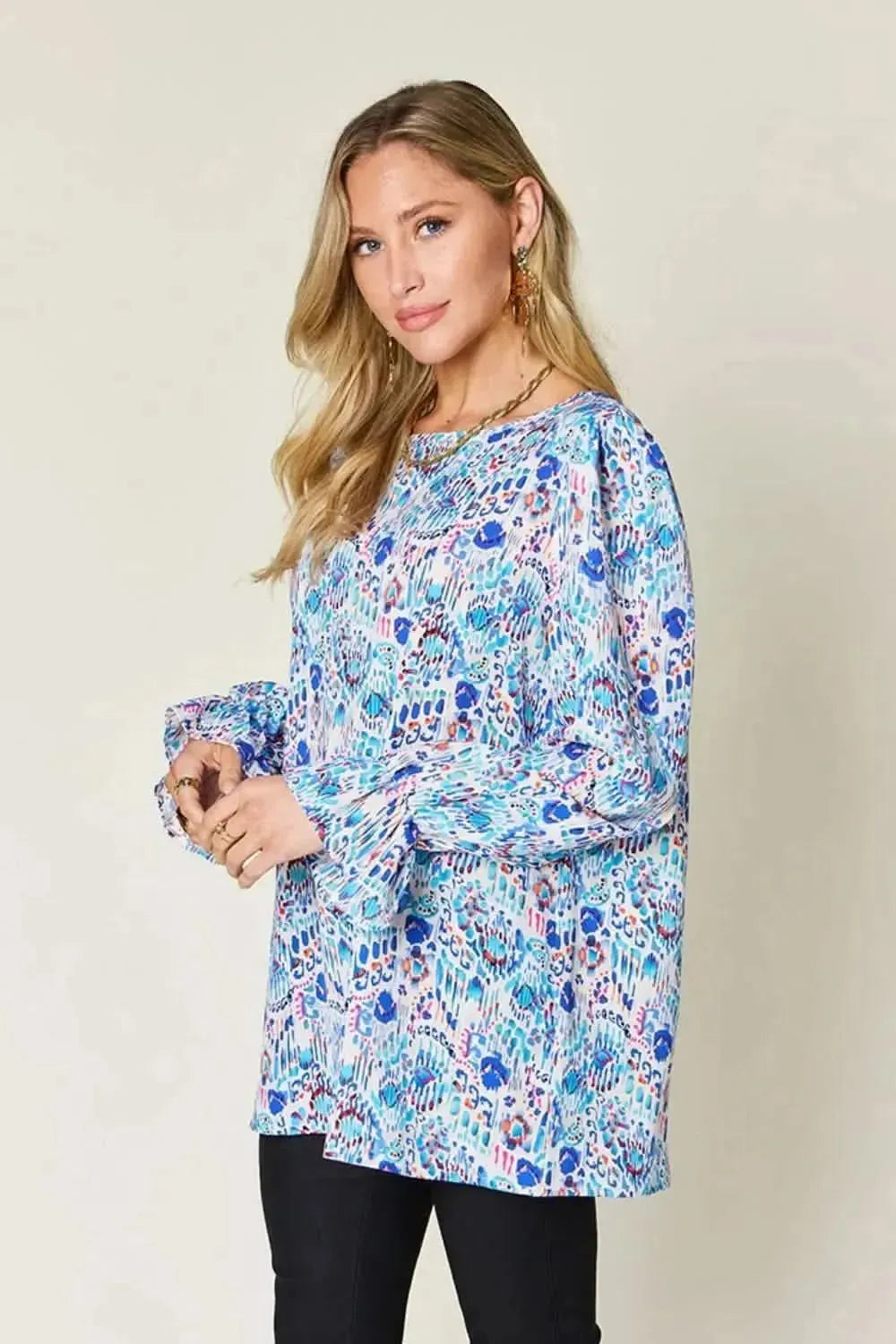 Double Take Full Size Printed Flounce Sleeve Blouse - Bad Moms Club