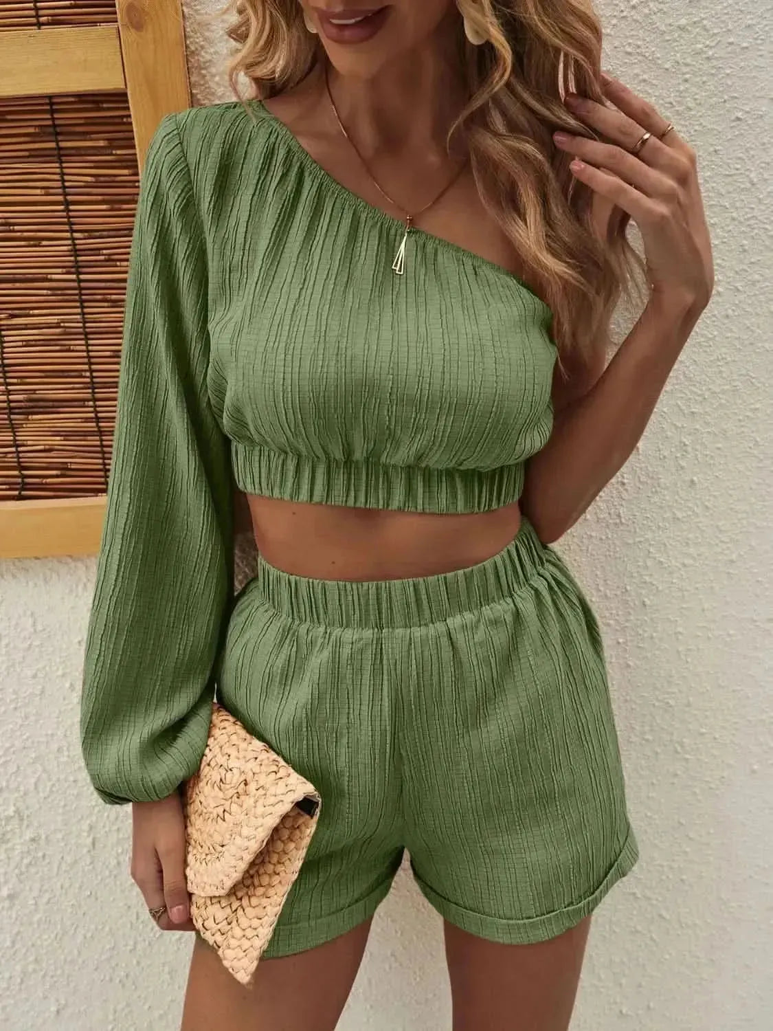 Honey One Shoulder Long Sleeve Top and Shorts Set - Bad Moms Club