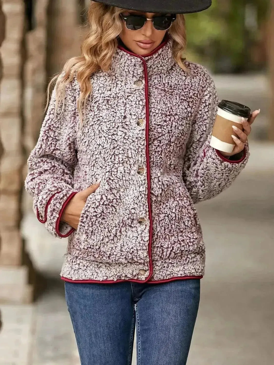 Fuzzy Pocketed Button Up Jacket - Bad Moms Club