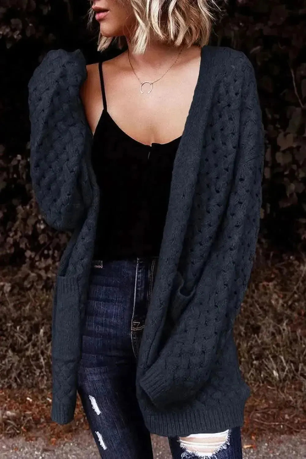 Open Front Dropped Shoulder Cardigan with Pockets - Bad Moms Club