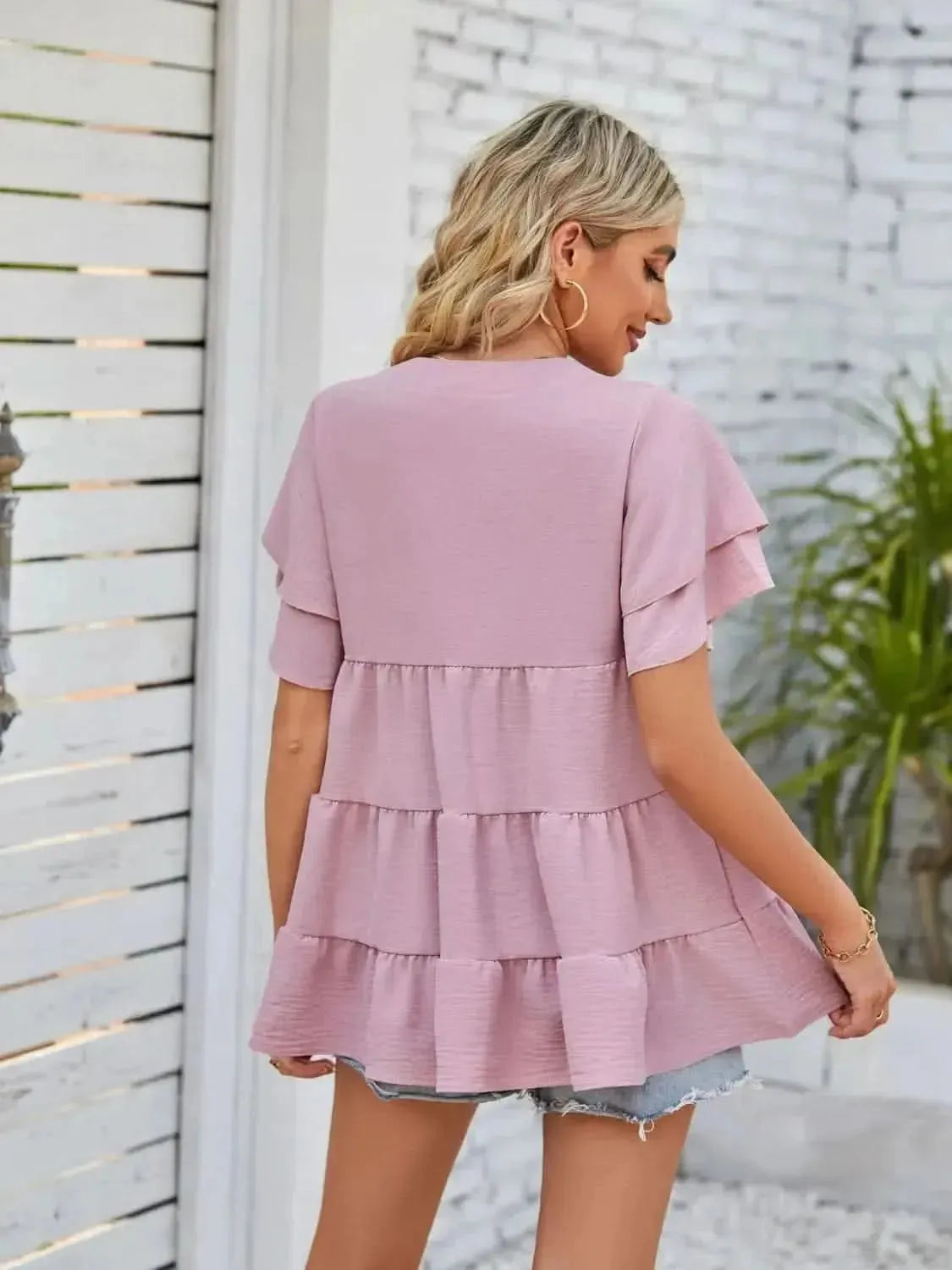 Tiered Notched Short Sleeve Blouse - Bad Moms Club
