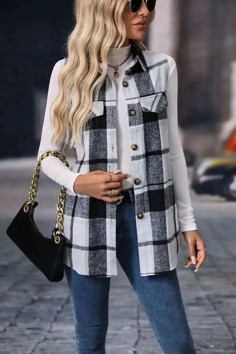 Plaid Button Up Vest Coat - Bad Moms Club