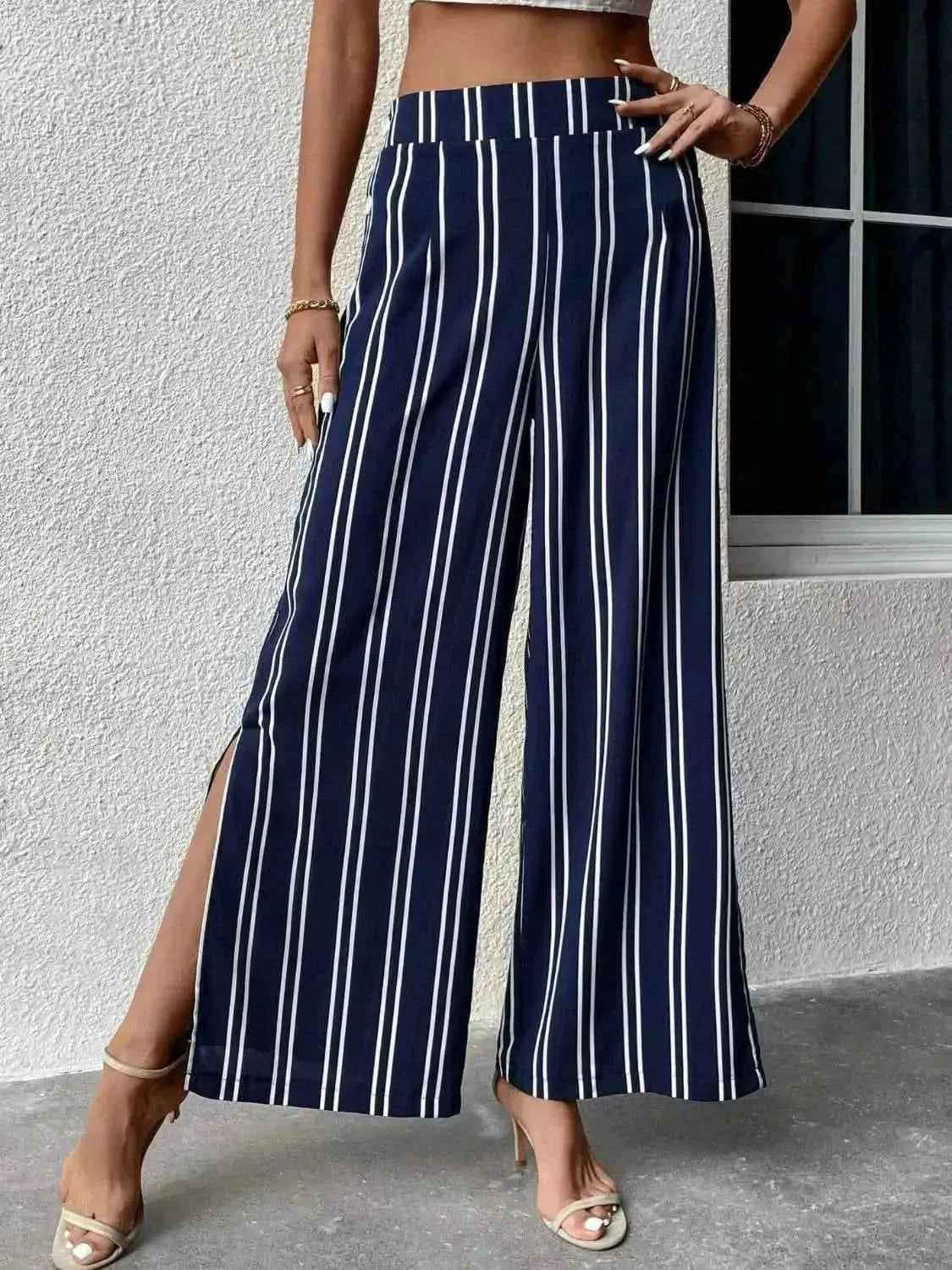 Perfee Striped Slit Wide Leg Pants - Bad Moms Club
