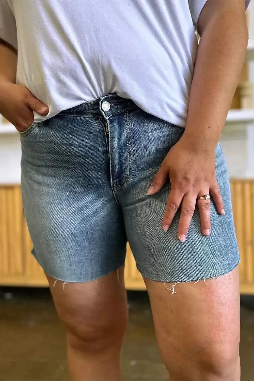 Judy Blue Full Size High Waist Raw Hem Denim Shorts - Bad Moms Club
