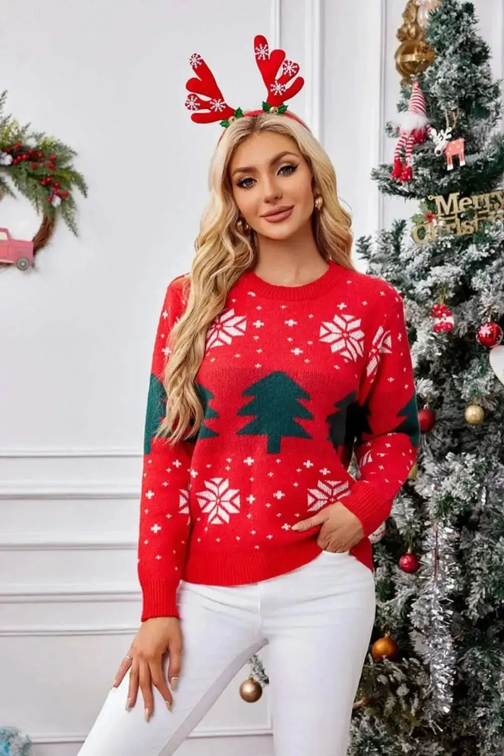 Christmas Tree Round Neck Long Sleeve Sweater - Bad Moms Club